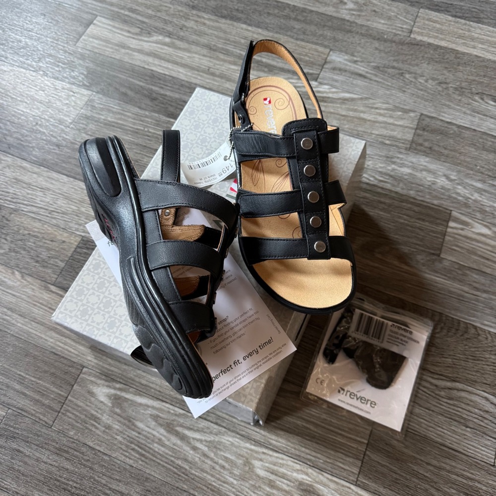 Revere Toledo Sandals Women 7W Black Leather Adjustable Orthotic Friendly New
